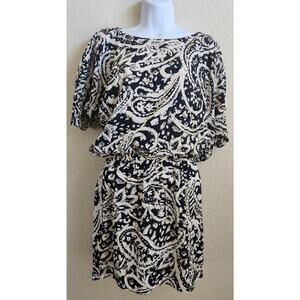 Ann Taylor LOFT Black Tan White Floral Print Elastic Waist Mini Dress XS Pull On